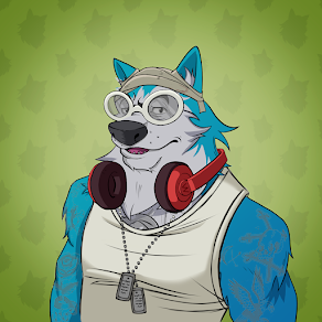 Illustrated portrait: a blue and white wolf character with goggles and headphones